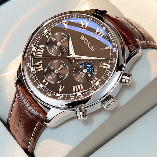 Luxury Men's Business Quartz Chronograph Watch with Brown Leather Strap