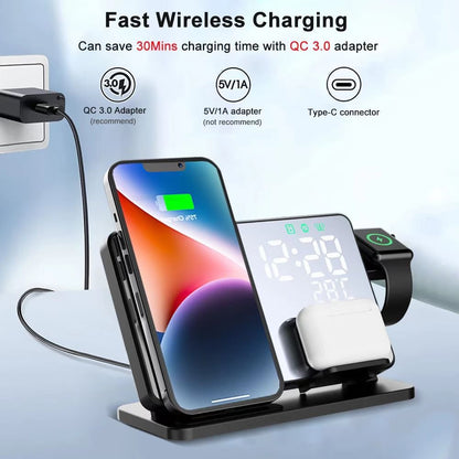 15W 4-in-1 Fast Wireless Charging Station - LED Digital Alarm Clock with Temperature Display