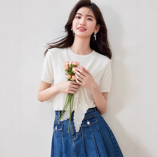 Elegant Ice Silk Short Sleeve Knitted Top - Everyday Casual Wear for Women