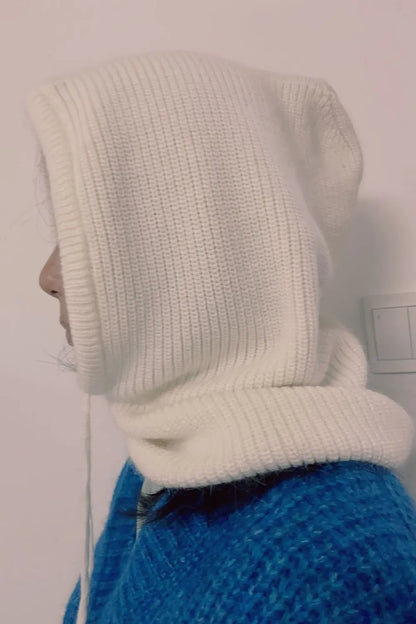 Drawstring Solid Thermal Knit Balaclava Hood | Winter Neck Warmer Hat