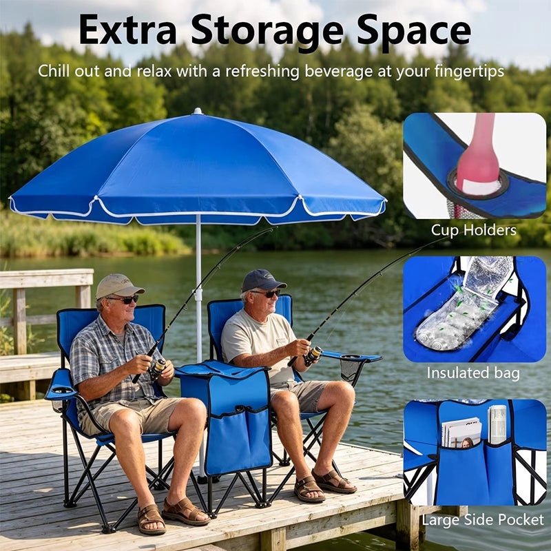 Double Camping Loveseat Chair with Umbrella - Folding Outdoor Beach Chair Set with Cooler & Side Table