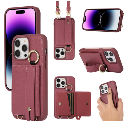 Leather Card Holder Phone Case with Wrist Strap & Stand - Multifunctional Wallet Cover for iPhone