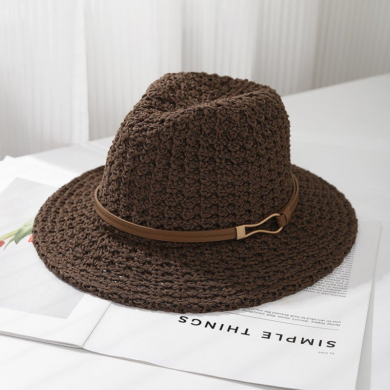 Ladies' Straw Fedora Sun Hat with Leather Band | Wide Brim Summer UV Protection