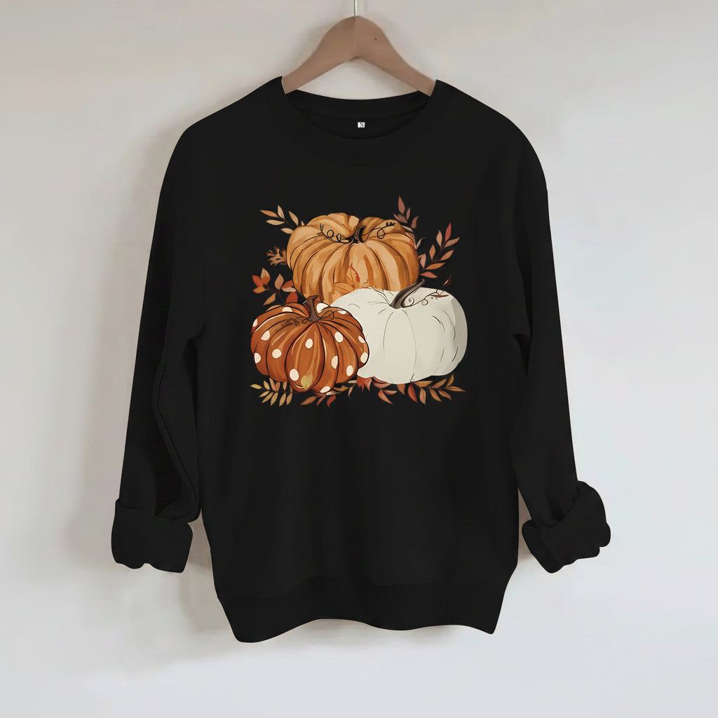 Three Pumpkin Pattern Printed Fall Sweatshirt | Thanksgiving Autumn Graphic Pullover