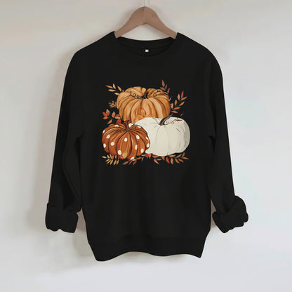 Three Pumpkin Pattern Printed Fall Sweatshirt | Thanksgiving Autumn Graphic Pullover