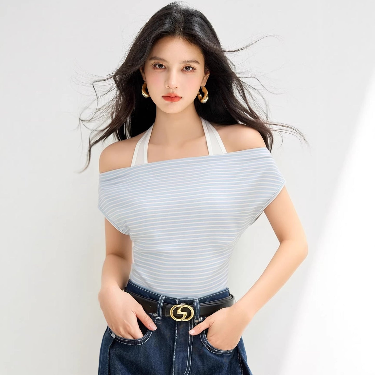 Women's Casual Striped Off-Shoulder Top - Halter Neck Fitted Shirt
