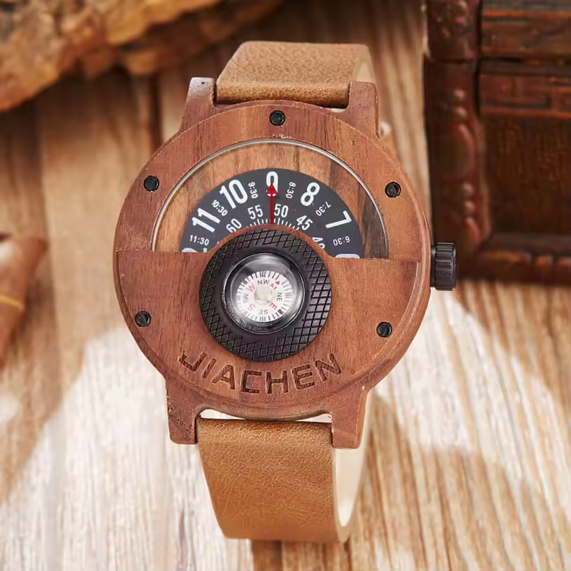 JIACHEN Multifunctional Wooden Watch with Compass - Outdoor Sports Watch