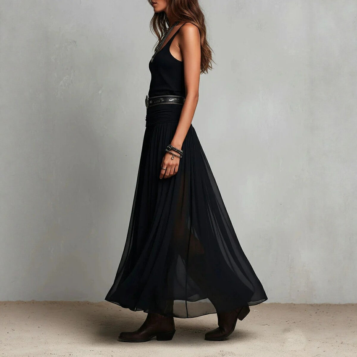 Boho Style Spaghetti Strap Black Mesh Dress - Elegant Flowing Maxi Dress