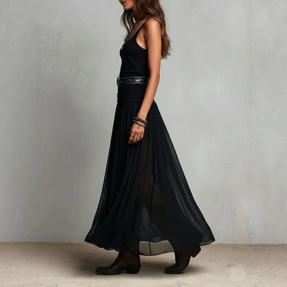 Boho Style Spaghetti Strap Black Mesh Dress - Elegant Flowing Maxi Dress