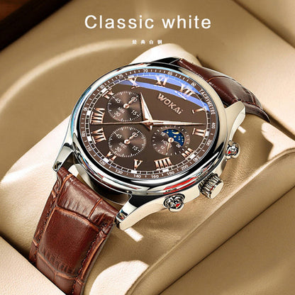 Luxury Men's Business Quartz Chronograph Watch with Brown Leather Strap