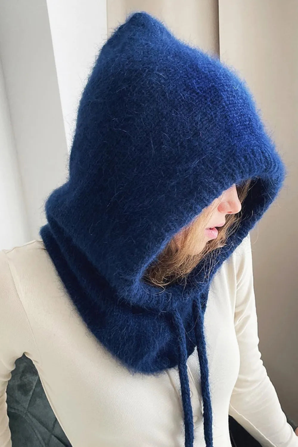 Drawstring Solid Thermal Knit Balaclava Hood | Winter Neck Warmer Hat