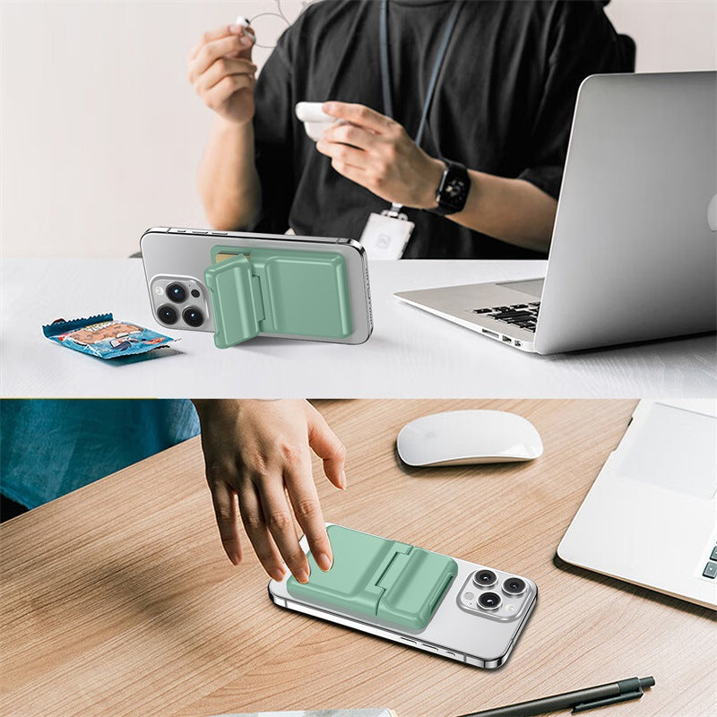 Magnetic Back Stick-On Card Wallet Pouch with Flip Stand Bracket for iPhone