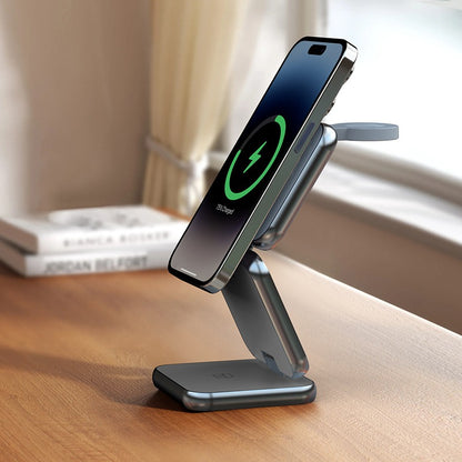 3-in-1 Foldable Magnetic Wireless Charger - Multi-Device Desktop Charging Stand for Smartphones