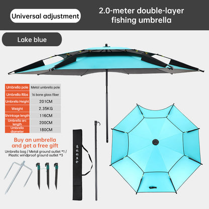 Portable Double Top Beach & Fishing Umbrella - Windproof UV Protection Outdoor Sun Shade (220cm/86.6in)