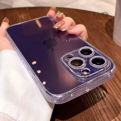 Aesthetic Glitter Rhinestone Edge Clear iPhone Case - Mirror Back Glass Lens Protection Cover