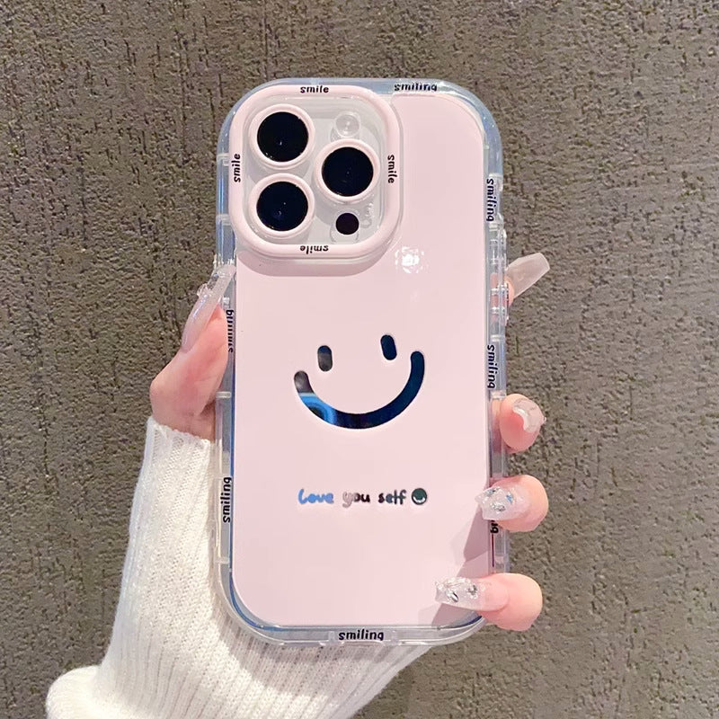 Cute Painted Smiling Face Mirror Phone Case - Cream Glossy Protective Cover for iPhone