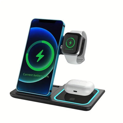 3-in-1 Foldable 15W Fast Wireless Charging Station Stand for iPhone, Apple Watch & AirPods