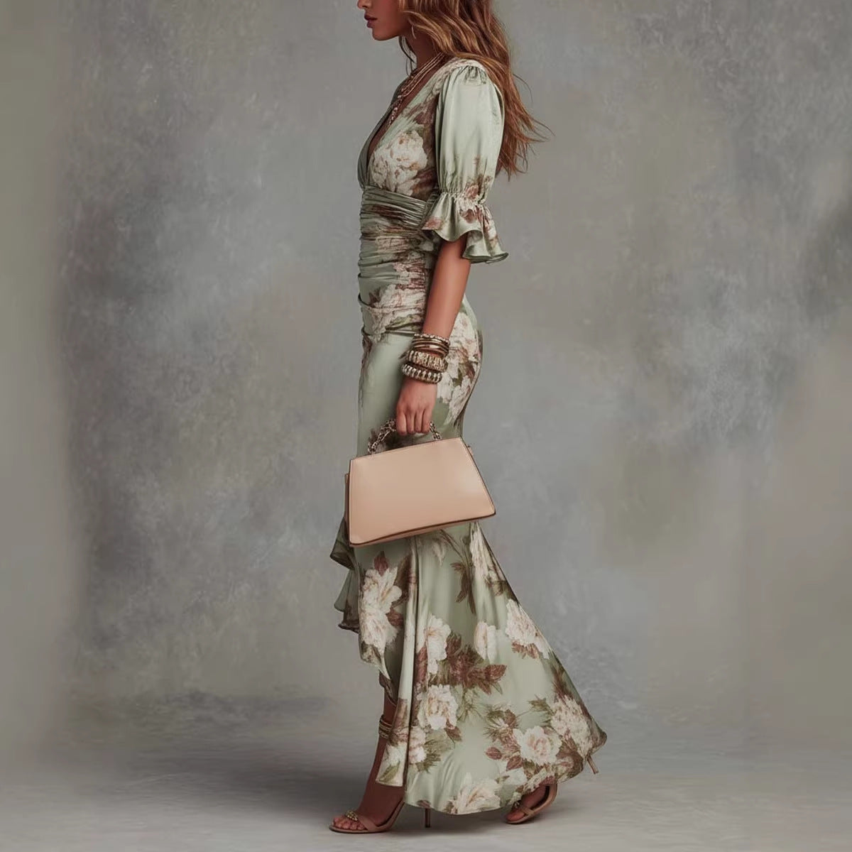 Women's Elegant V-Neck Floral Print Maxi Dress - Fitted Silhouette with Ruffle Hem