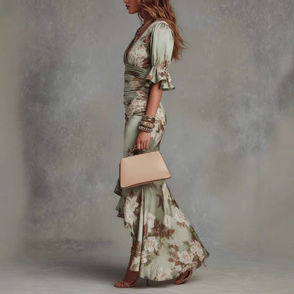Women's Elegant V-Neck Floral Print Maxi Dress - Fitted Silhouette with Ruffle Hem