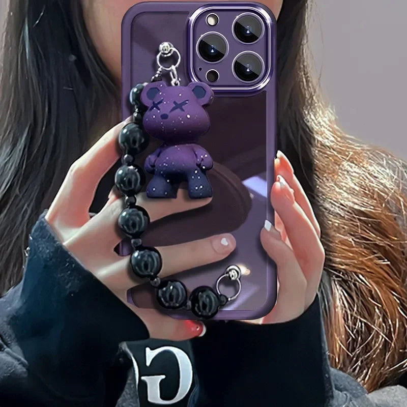 Cute Electroplated Purple TPU Phone Case with Teddy Bear Beaded Bracelet Chain for iPhone 16 15 14 Pro Max