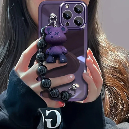 Cute Electroplated Purple TPU Phone Case with Teddy Bear Beaded Bracelet Chain for iPhone 16 15 14 Pro Max