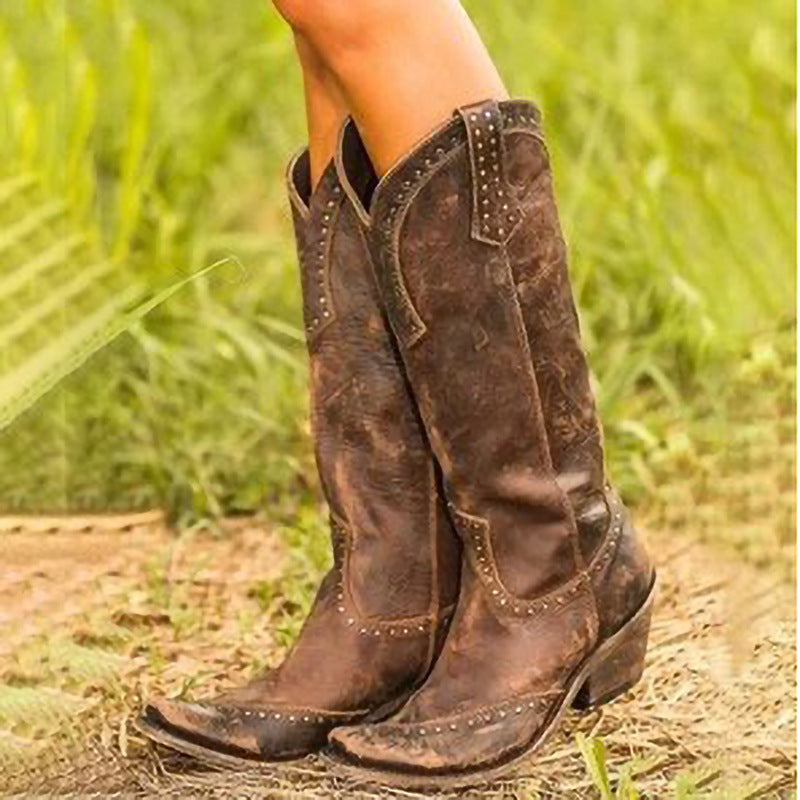 Women's Retro Long Boots with Rivets (Western Style)