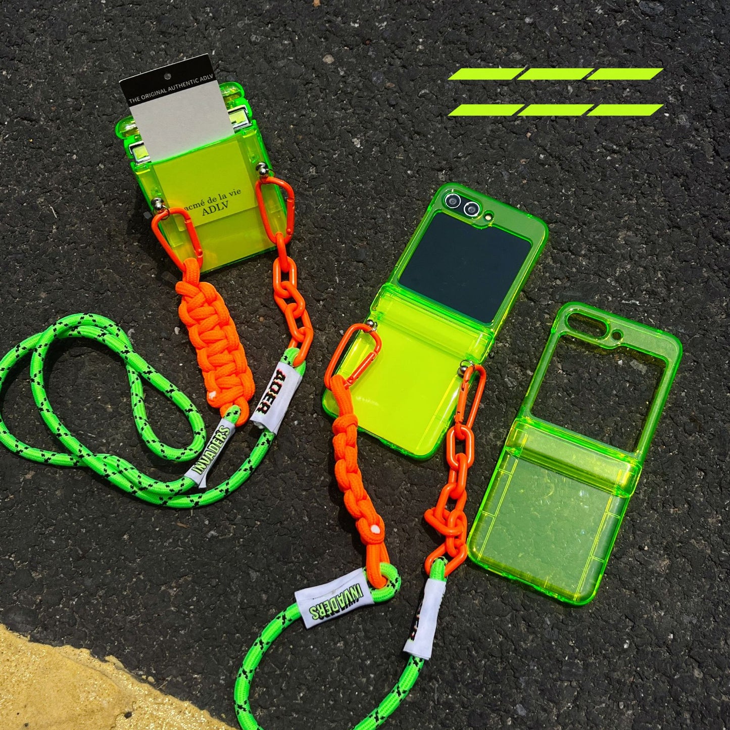 Trendy Crossbody Chain Strap Clear Neon Green Case - Shockproof Cover for Samsung Z Flip 5 Flip 4