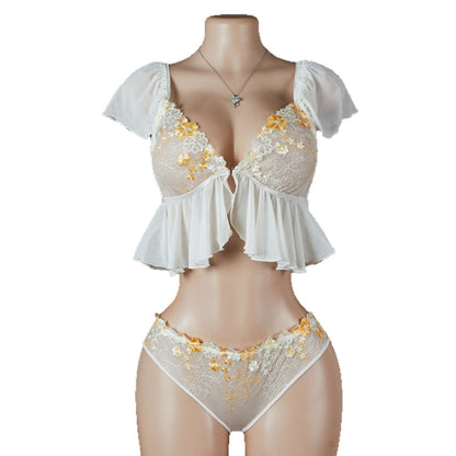 Sexy Perspective Mesh Underwear Set - Cap Sleeve Ruffle Top and Panty