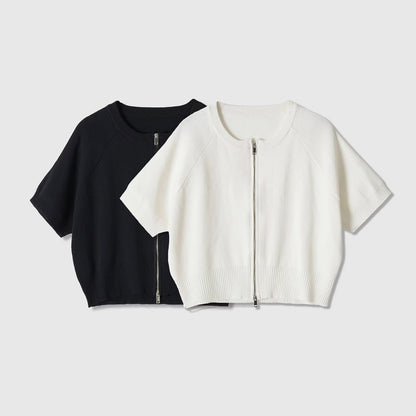 Women's Chic Short Sleeve Knitted Cardigan - Front Zip Casual Crop Top