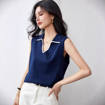 Elegant V-Neck Polo Knit Vest - Versatile Shoulder Cover Top for Women