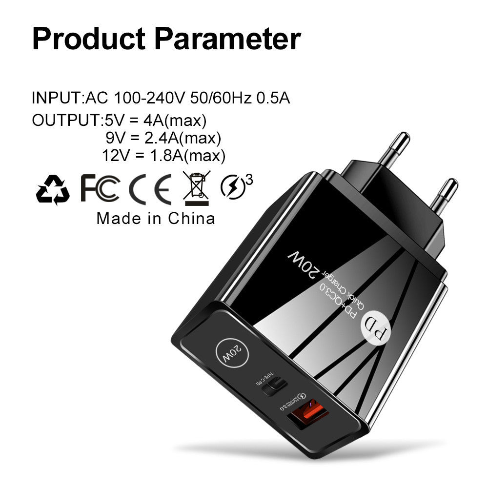 20W PD & QC3.0 Fast Wall Charger - Dual-Port Mobile Phone Charging Head Adapter