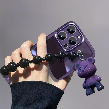 Cute Electroplated Purple TPU Phone Case with Teddy Bear Beaded Bracelet Chain for iPhone 16 15 14 Pro Max