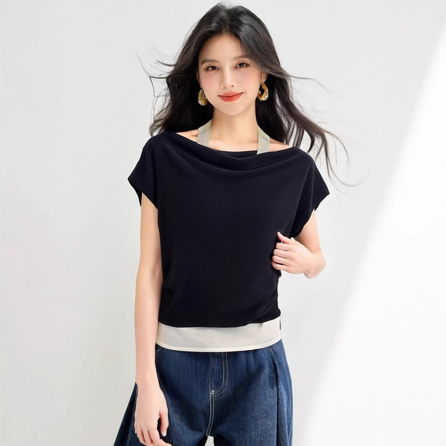 Women's Casual Striped Off-Shoulder Top - Halter Neck Fitted Shirt