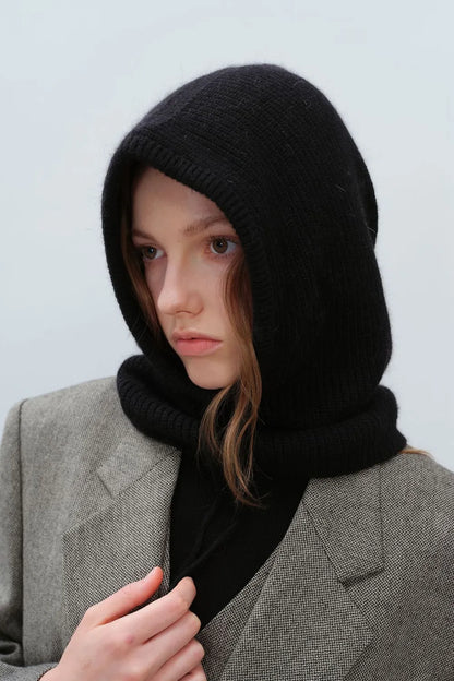 Drawstring Solid Thermal Knit Balaclava Hood | Winter Neck Warmer Hat