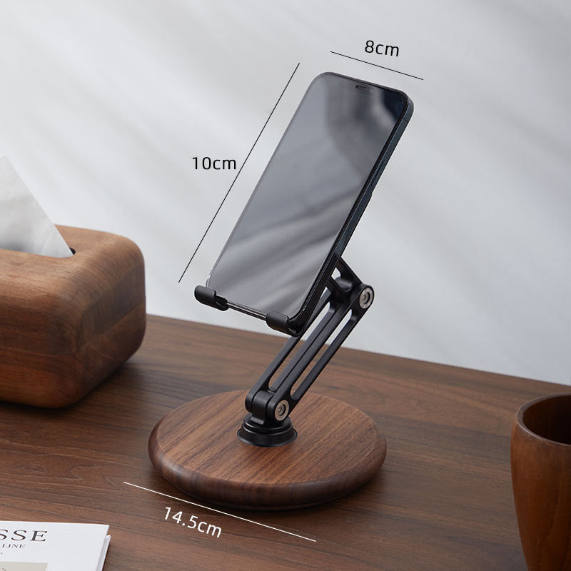 Executive Wooden Base Aluminum Phone Stand - 360 Rotating Foldable Desktop Holder for iPhone & Tablets