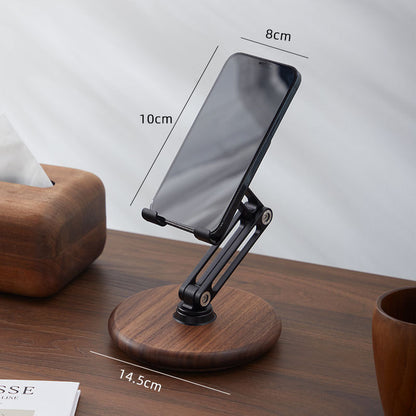 Executive Wooden Base Aluminum Phone Stand - 360 Rotating Foldable Desktop Holder for iPhone & Tablets