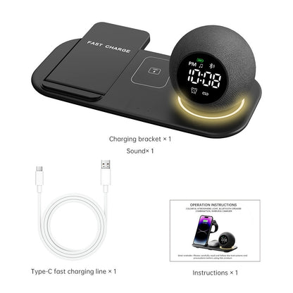 6-in-1 Wireless Charging Desk Station - Bluetooth Speaker, Digital Alarm Clock & Multi-Device Fast Charger