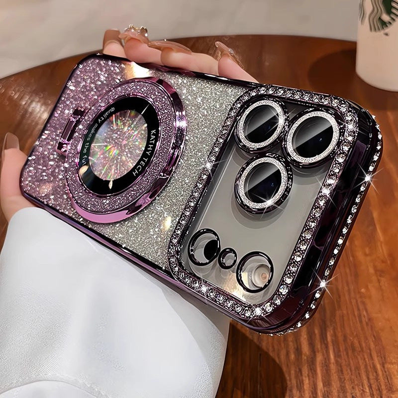 Crystal Glitter Magnetic Phone Case - Bling Stand Cover with Lens Protector for iPhone