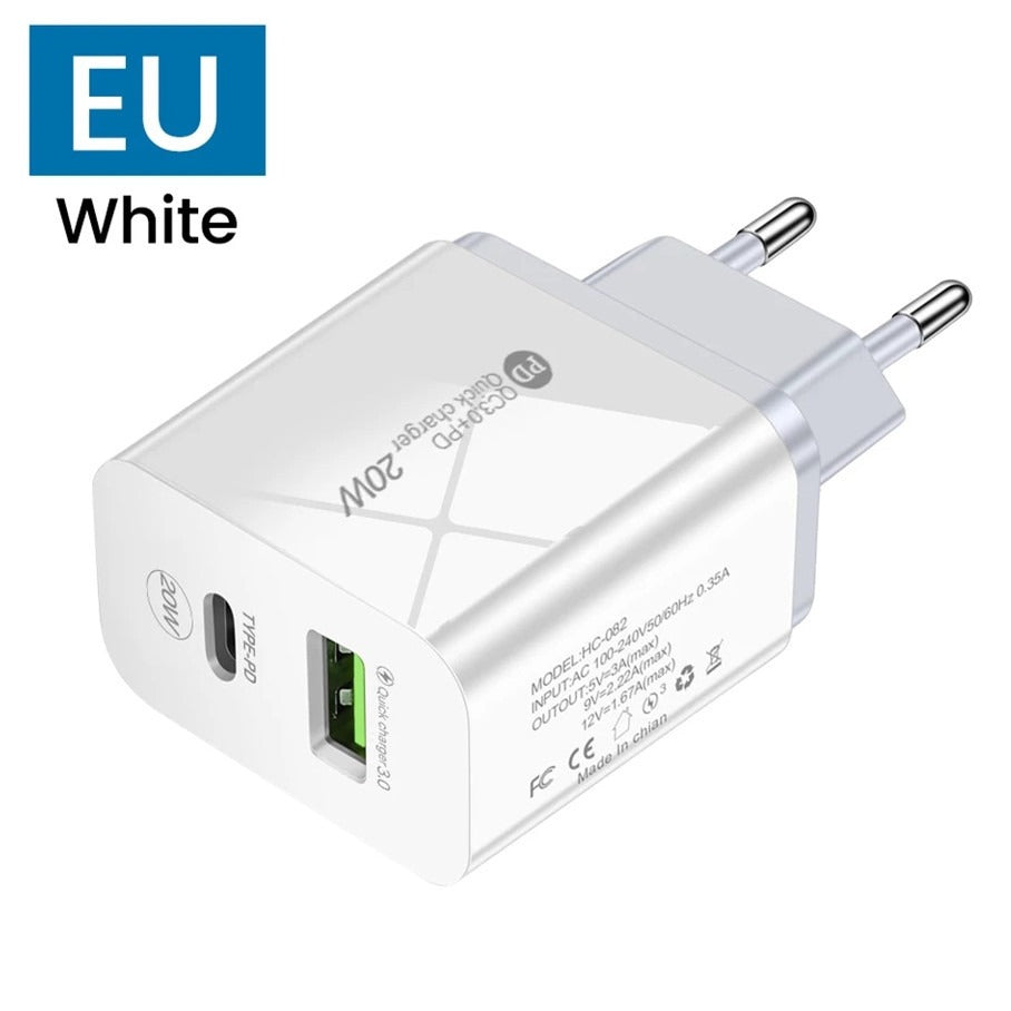 Dual-Port 20W Fast Charging Head - USB and Type-C Wall Charger Adapter