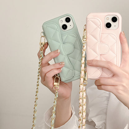 Luxury Quilted Leather Wallet Phone Case with Crossbody Chain & Card Holder for iPhone 16 15 14 13 Pro Max