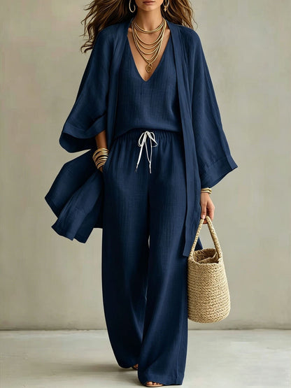 Elegant Linen Look 3-Piece Matching Set - Flowing Open Front Shrug with Wide Leg Pants