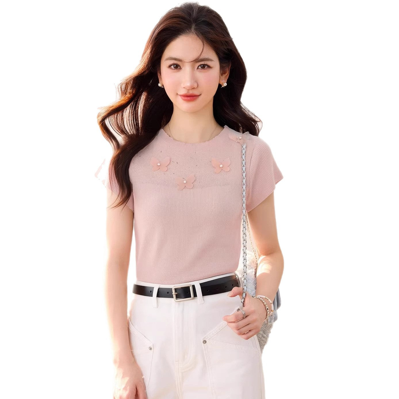 Women's Unique Butterfly Bow Detail Knit Top - Chic Short Sleeve Fitted Tee