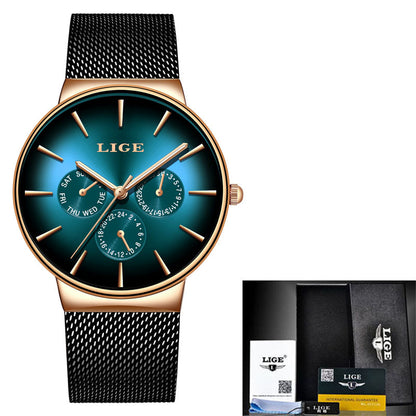 LIGE Men's Luxury Quartz Watch - Slim Mesh Strap Waterproof Business Wristwatch