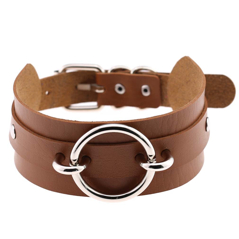 Punk PU Leather Choker Necklace with Oversized O-Ring Pendant | Multi-Color Collar Chain