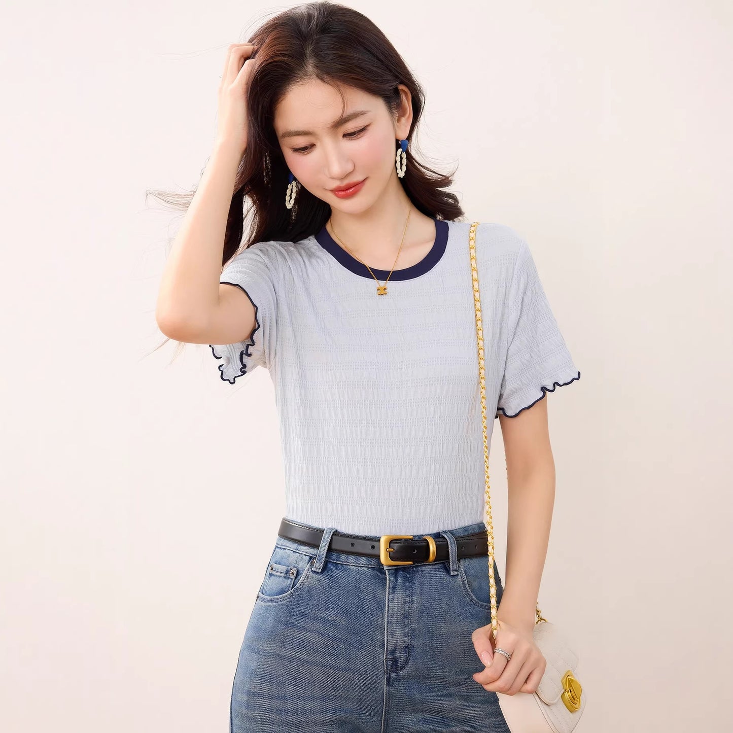Women's Ruffled Color-Blocked Short Sleeve T-Shirt - Slim Fit Trendy Top