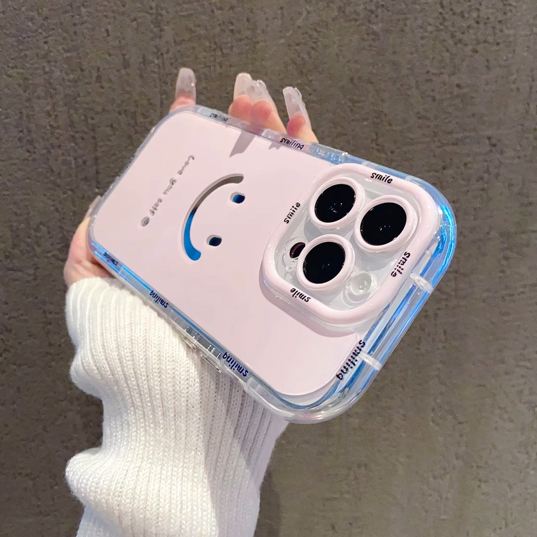 Cute Painted Smiling Face Mirror Phone Case - Cream Glossy Protective Cover for iPhone