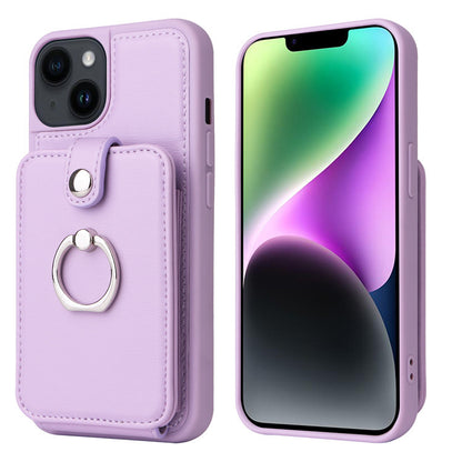 Multi Card Slot Leather Wallet Case with Metal Ring Stand - Shockproof Back Cover for iPhone