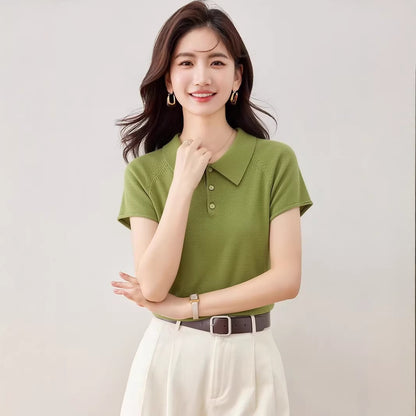 Elegant Ice Silk Knitted Polo Shirt - Unique Fitted Regular Shoulder Top for