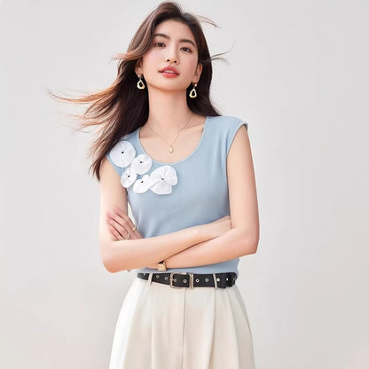 Women's Soft Knit Vest - Summer Fashion Floral Embroidery Top