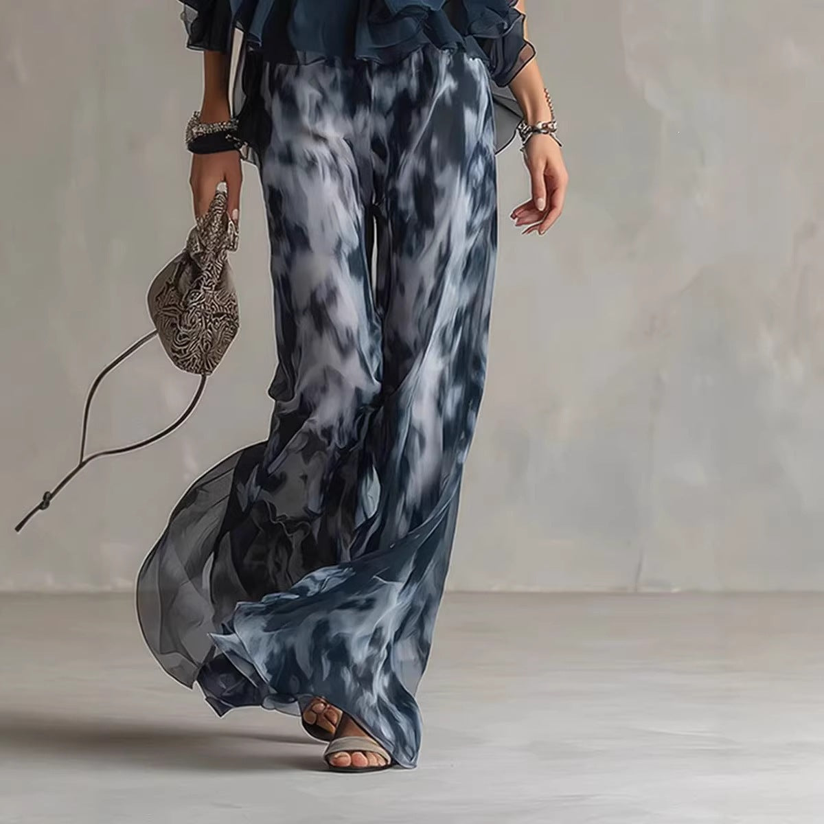 Chic Summer 2-Piece Outfit - Ruffle Halter Blouse with Tie-Dye Palazzo Pants